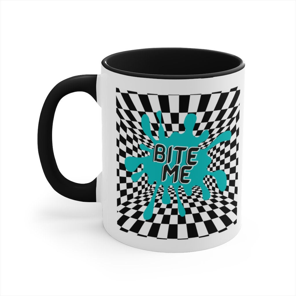 Bite Me Coffee Cup | retro | checkerboard Mug | paint splatter Tea Cup | Rave | Goth | alternative | Tumblr Mug | trendy Mug | 80's Punk