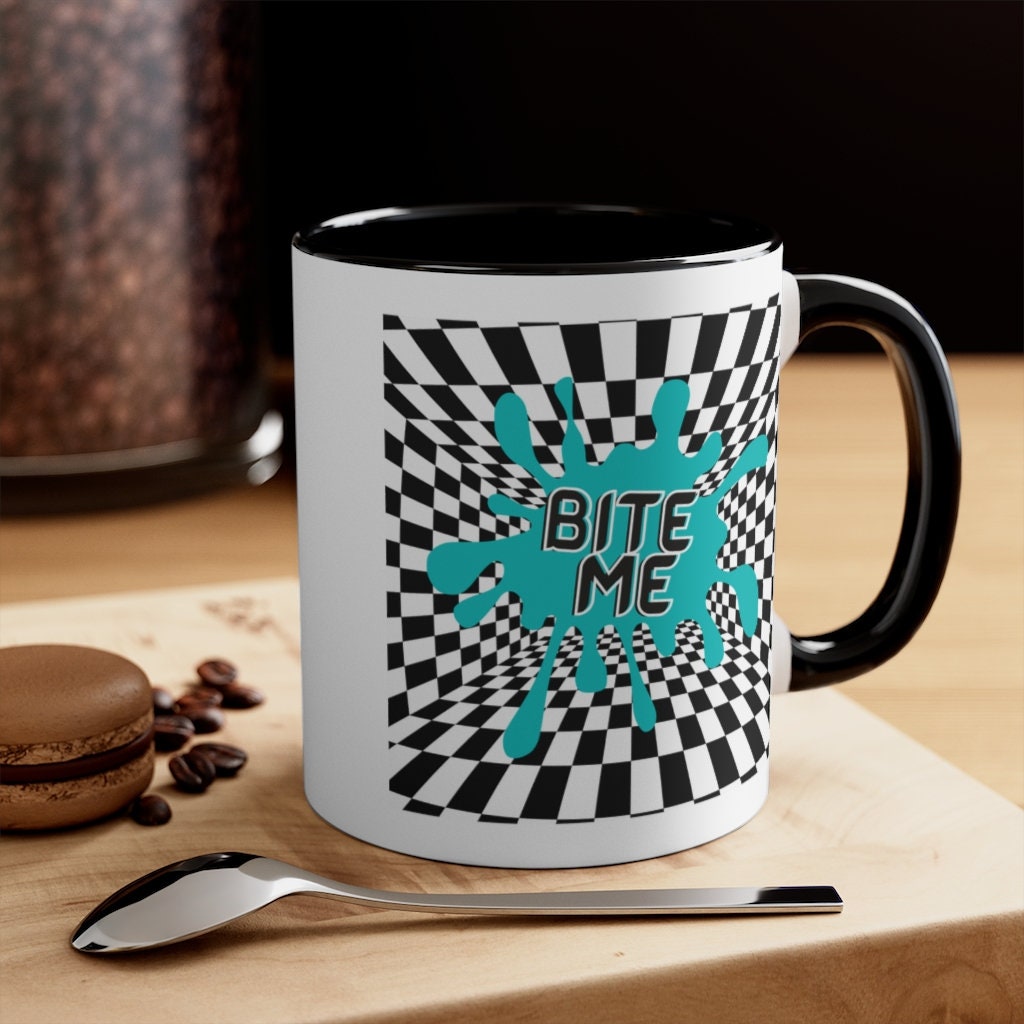 Bite Me Coffee Cup | retro | checkerboard Mug | paint splatter Tea Cup | Rave | Goth | alternative | Tumblr Mug | trendy Mug | 80's Punk