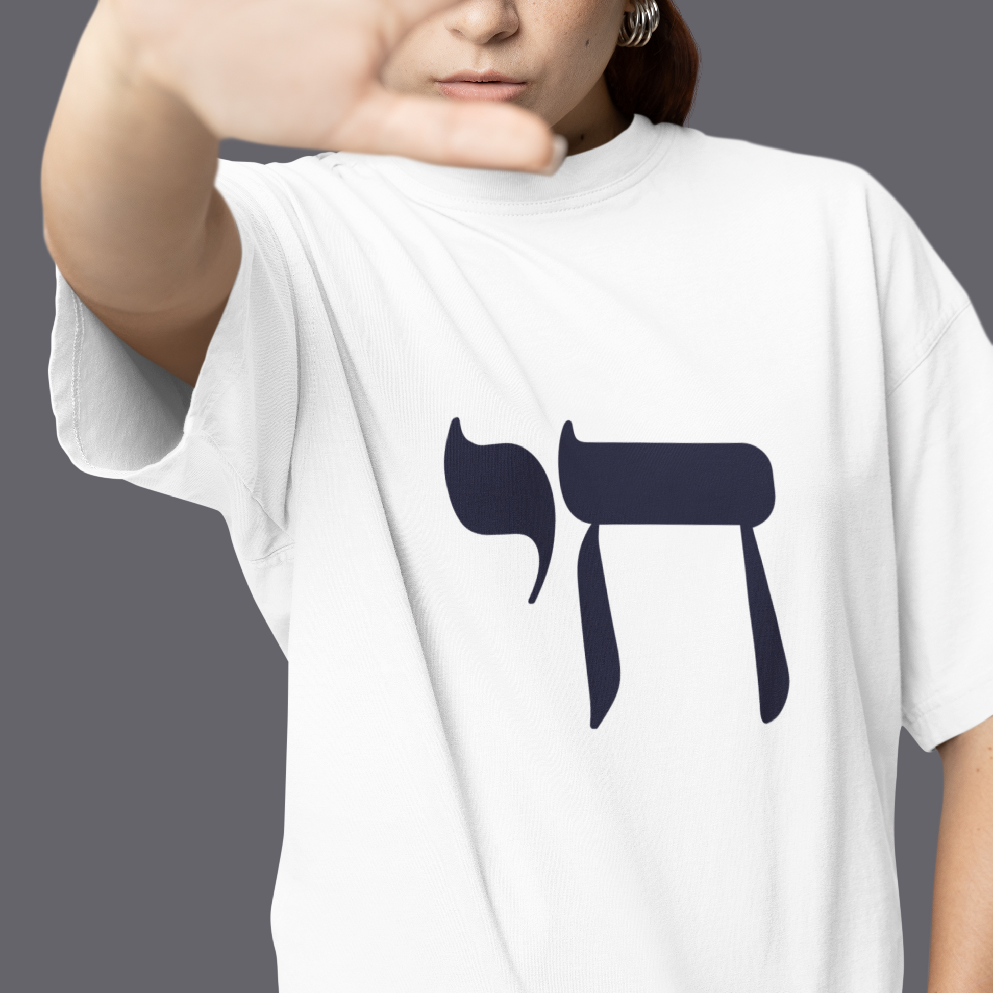 Black Chai Graphic on a womans white tshirt luv and Social Proud Jewish Family Business.
