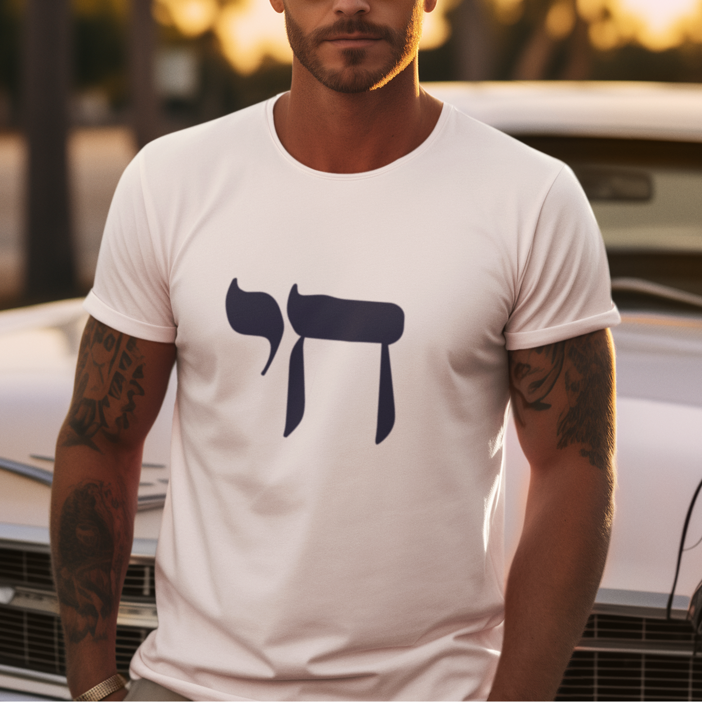 Black Chai on a white tshirt on a proud jewish man for Lu and Social