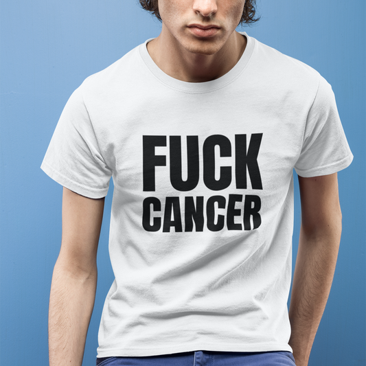 fuck cancer in black lettering, cancer charity shirt, breast cancer
