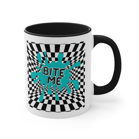 Bite Me Coffee Cup | retro | checkerboard Mug | paint splatter Tea Cup | Rave | Goth | alternative | Tumblr Mug | trendy Mug | 80's Punk