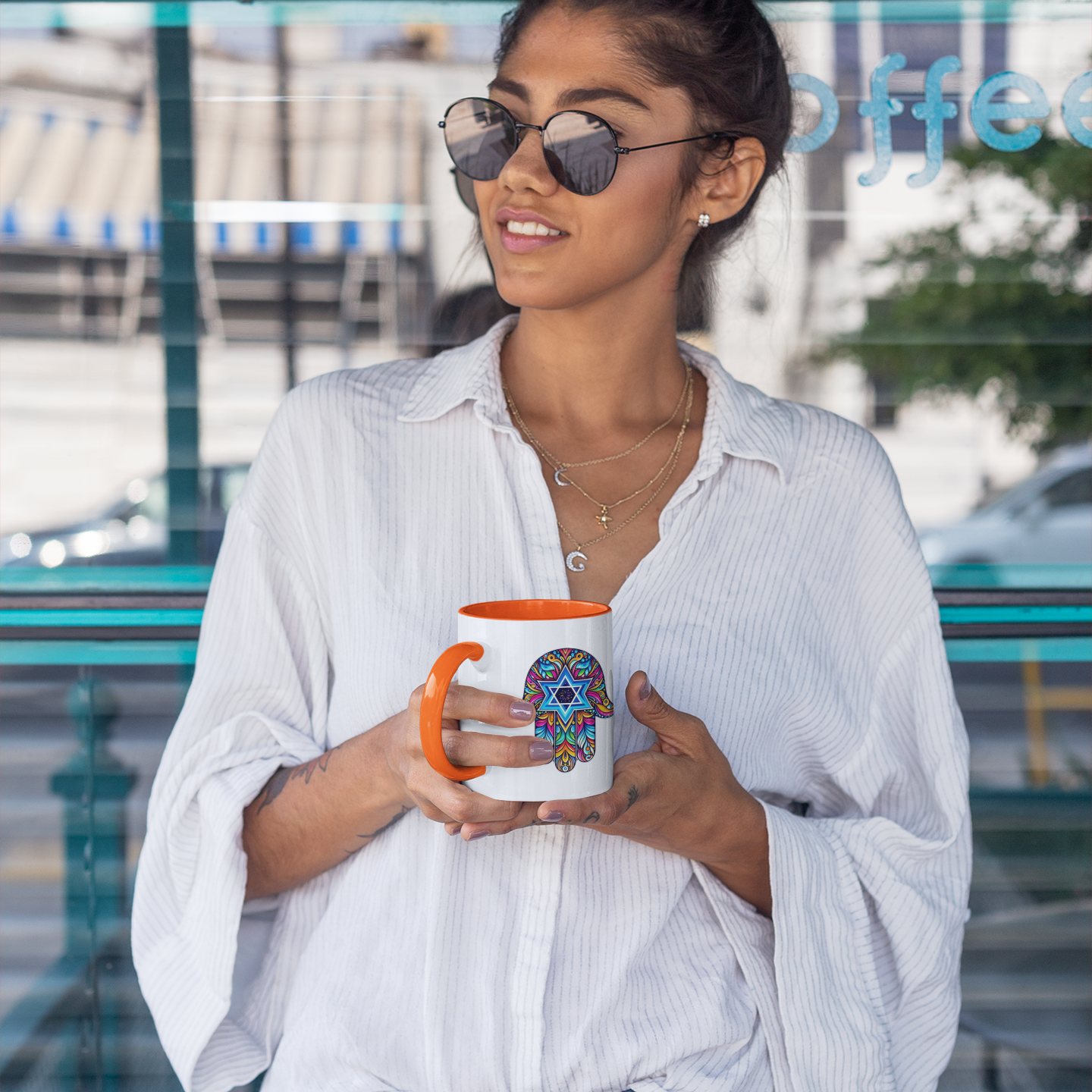 Hamsa Gift, Hamsa Mug, Jewish Gift, Jewish Mug, Magen David, Evil Eye, orange